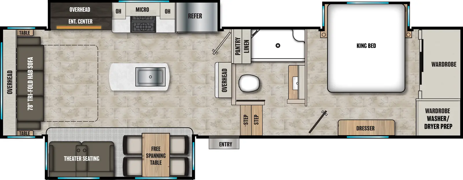 The Brookstone 290RL floorplan has one entry and three slide outs. Exterior features include: fiberglass exterior and 17' awning. Interiors features include: kitchen island, free-standing dinette option, front bedroom and rear living.